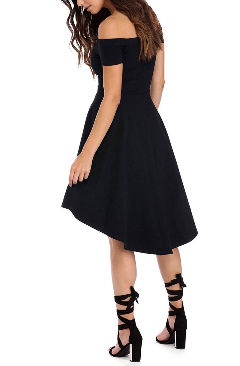 Sarin Mathews Women Off The Shoulder Short Sleeve High Low Cocktail Skater Dress Black M - Image 3